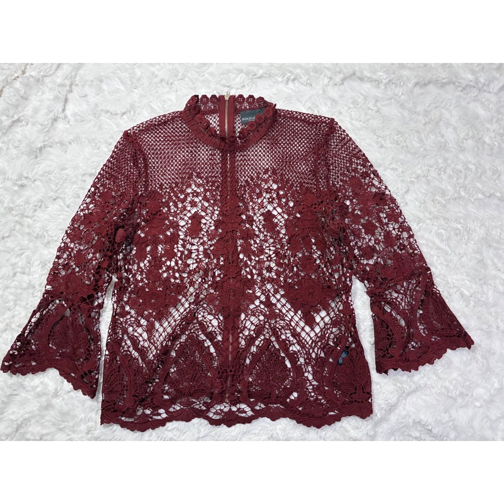 Burgundy Floral Lace Mesh Back Zip Bell Sleeve Top Womens Medium Bold Elements